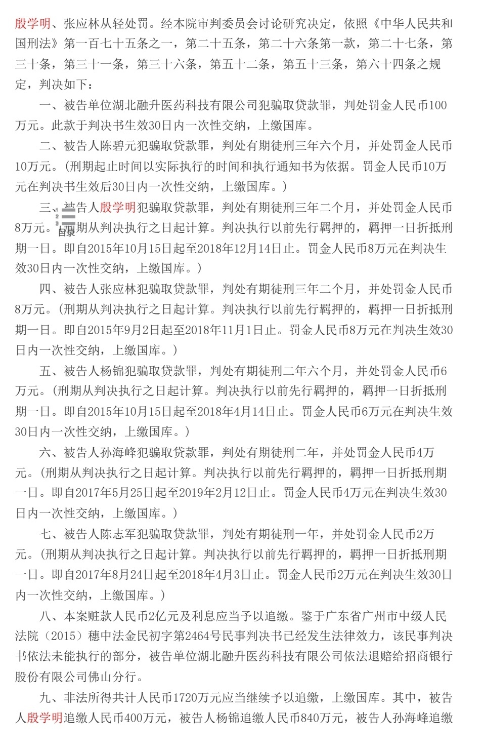 陈碧元、殷学明等人2017年被判骗取贷款罪的判决书（部分） 裁判文书网截图